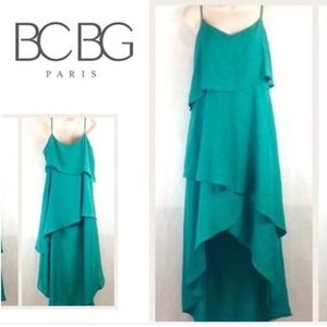 BCBG White High-Low Asymmetrical Tiered Maxi Dress